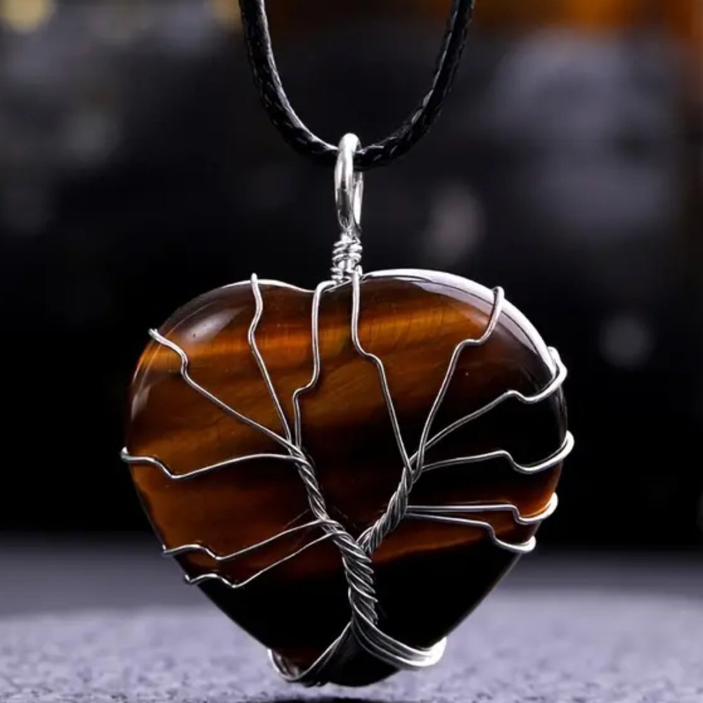 Heart Shaped Tiger Eye Natural Gemstone Tree Of Life Wire Wrap Pendant Necklace